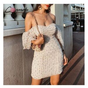 ✨⚡️💥Fashion Nova Cream and Black Polka Dot Dress Puff Sleeves Mesh Mini Dress